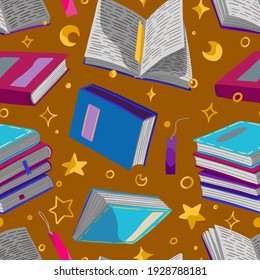 Seamless pattern of bright books, bookmarks, stars. Hand drawn vector illustrations. Colored cartoon ornament on yellow background. Reading design for fabric, textile, wallpaper, print, decor, wrap.