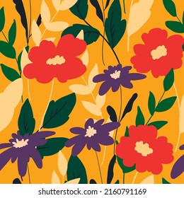 Seamless pattern with a bright botanical composition, a summer meadow on a yellow background. Colorful floral print with drawing wild flowers, fresh green leaves, wild herbs. Vector illustration.