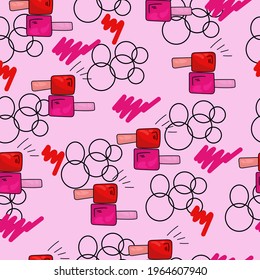 Seamless pattern of bright bottles with nail polishes, colored strokes and outline circles on a light pink background vector illustration