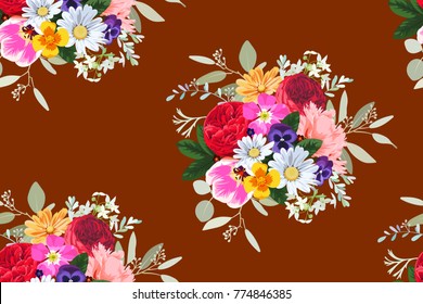 Seamless pattern with bright bouquets