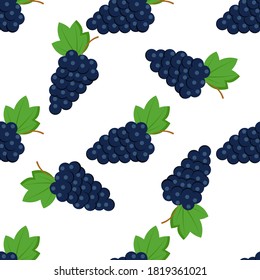 Patrón sin foco con racimos brillantes de uvas negras sobre un fondo blanco. Impresión para ropa de cama y tejidos, papel de envoltura y papel tapiz. Ilustración vectorial de material para decoración y diseño.	