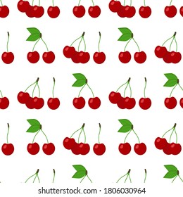 
Seamless pattern with bright bunches of cherries and leaves on a white background. Print for bed linen and fabrics, wrapping paper and wallpaper.
 Stock vector illustration for decoration and design.