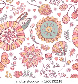 Seamless pattern of bright butterflies and flowers. Hand-drawn illustration. Summer or spring background. Cute cartoon style for kids. For decoration textiles, fabric, packaging, decorative surface.