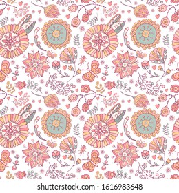 Seamless pattern of bright butterflies and flowers. Hand-drawn illustration. Summer or spring background. Cute cartoon style for kids. For decoration textiles, fabric, packaging, decorative surface.