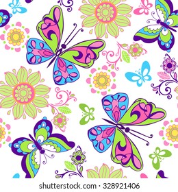 Seamless pattern of bright butterflies and flowers.  Decorative ornament backdrop for fabric, textile, wrapping paper.