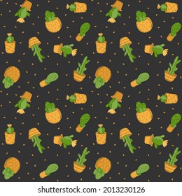 Seamless pattern from bright cacti on a gray background. Vector print for fabric and paper.