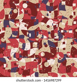 Seamless pattern. Bright camouflage, consisting of circles, frames and waves. Fashionable coloring. Six color background. For stylish clothes.