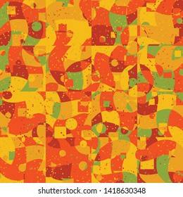Seamless pattern. Bright camouflage, consisting of circles, frames and waves. Fashionable coloring. Six color background. For stylish clothes.