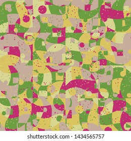 Seamless pattern. Bright camouflage, consisting of circles, frames and waves. Fashionable coloring. Six color background. For stylish clothes.