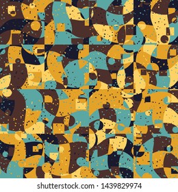 Seamless pattern. Bright camouflage, consisting of circles, frames and waves. Fashionable coloring. Six color background. For stylish clothes.