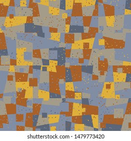 Seamless pattern. Bright camouflage, consisting of angular shapes and squares. Fashionable coloring. Six color background. For stylish clothes.