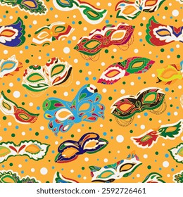 Seamless pattern with bright carnival masks in a decorative style. Inspired by Brazilian carnival, Venetian masks, and festive vibes