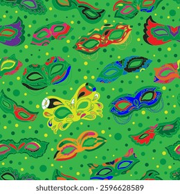 Seamless pattern with bright carnival masks in a decorative style. Inspired by Brazilian carnival, Venetian masks, and festive vibes