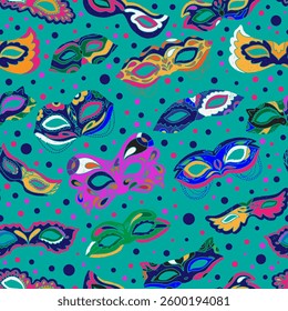 Seamless pattern with bright carnival masks in a decorative style. Inspired by Brazilian carnival, Venetian masks, and festive vibes