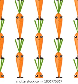 Patrón sin foco con zanahorias brillantes con ojos y piernas sobre un fondo blanco. Impresión para ropa de cama y tejidos, papel de envoltura y papel tapiz.
Ilustración vectorial de material para decoración y diseño.