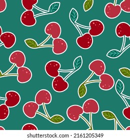 Seamless pattern with bright cartoon cherries on a turquoise background