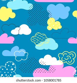 Seamless pattern with bright cartoon clouds. It is executed by means of graphic receptions: various textures, spots, strips, contours. Great for prints, textiles, covers, gift wrappers, backdrops