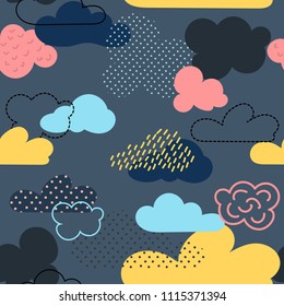 Seamless pattern with bright cartoon clouds. It is executed by means of graphic receptions: various textures, spots, strips, contours. Great for prints, textiles, covers, gift wrappers, backdrops