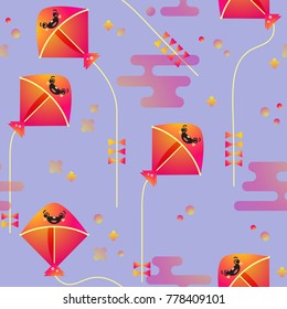 Seamless pattern with bright cartoon colorful kite in the sky. Flying kites background. Vector illustration on the blue. 