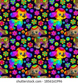 Seamless pattern with bright cartoon dogs and flowers in stained glass style on a dark background