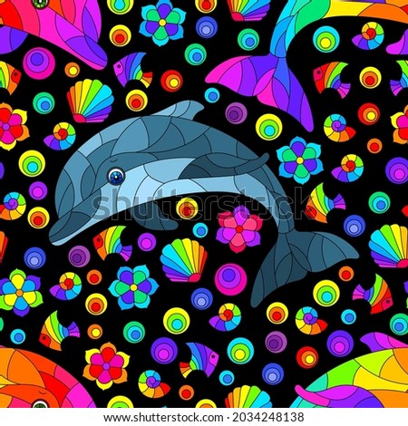 Seamless pattern with bright cartoon dolphins and shells, animals on a blak background