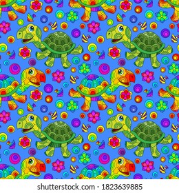Seamless pattern with bright cartoon fun turtles, flowers and fish, colored animals on a blue background