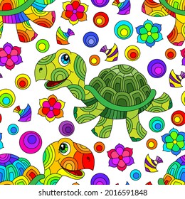 Seamless pattern with bright cartoon fun turtles, flowers and fish, colored animals on a white background