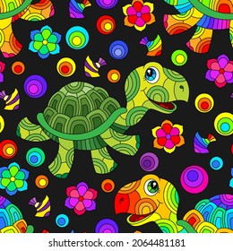Seamless pattern with bright cartoon fun turtles, flowers and fish, colored animals on a  background