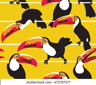 Seamless pattern with bright cartoon toucans on a yellow striped background. Vector illustration.