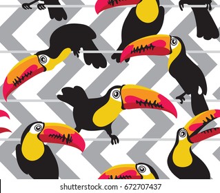 Seamless pattern with bright cartoon toucans on a gray geometric background. Vector illustration.