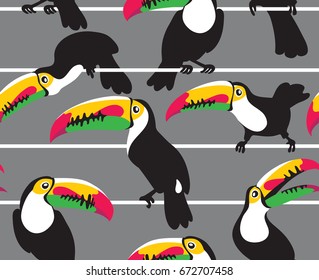 Seamless pattern with bright cartoon toucans on a gray striped background. Vector illustration.