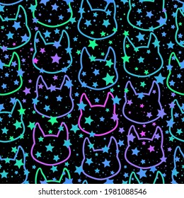 seamless pattern of bright cat silhouettes and scattering stars