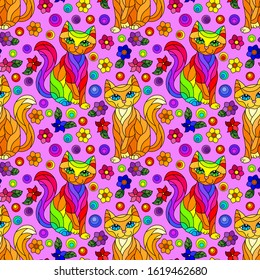 Seamless pattern with bright cats and flowers in stained glass style on a purple background