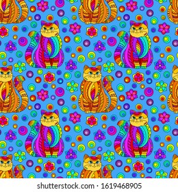 Seamless pattern with bright cats and flowers in stained glass style on a blue background