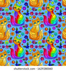 Seamless pattern with bright cats and flowers in stained glass style on a blue background