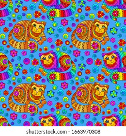 Seamless pattern with bright cats and flowers in stained glass style on a blue background