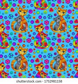 Seamless pattern with bright cats and flowers in stained glass style on a blue background