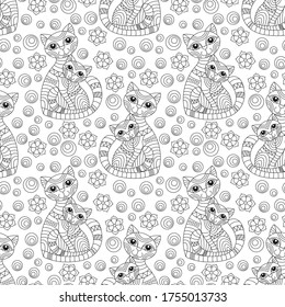 Seamless pattern with bright cats and flowers in stained glass style, dark outlines on a white background