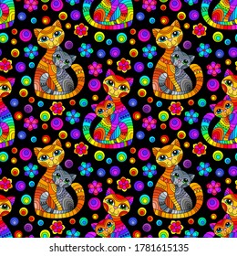 Seamless pattern with bright cats and flowers in stained glass style on a dark background
