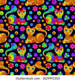 Patrón sin foco con gatos brillantes y flores en un estilo de vidrio manchado sobre un fondo oscuro