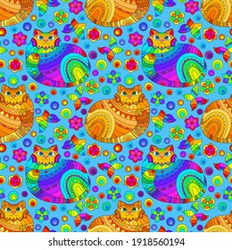 Patrón sin foco con gatos brillantes y flores en un estilo de vidrio manchado sobre un fondo azul