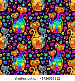 Seamless pattern with bright cats and flowers in stained glass style on a dark background