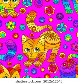 Seamless pattern with bright cats and flowers in stained glass style on a pink  background