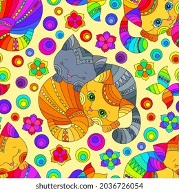 Seamless pattern with bright cats and flowers in stained glass style on a yellow background