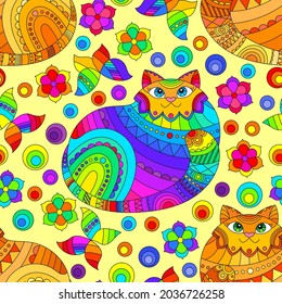 Seamless pattern with bright cats and flowers in stained glass style on a yellow background