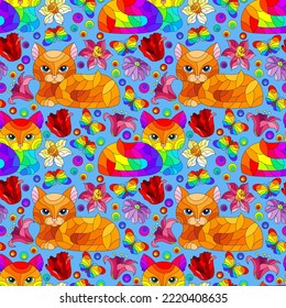 Seamless pattern with bright cats and flowers in stained glass style on a blue background