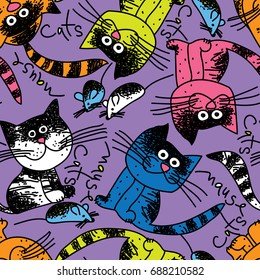 Seamless pattern with bright cats and mice on a purple background.