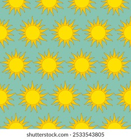 Seamless pattern with bright cheerful yellow suns. Cartoonish sun design with spiky rays. Teal color background. Optimistic and playful aesthetic. For children's products and home decor, fabric print.