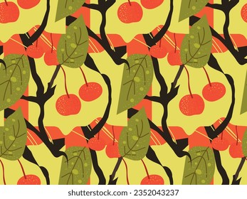 Seamless pattern with bright cherries, cherry tree branches drawn by paint. Bright bold color palette - pastel yellow, light green, orange, black. Berry collection. Creative vector  design 