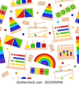 Seamless pattern with bright children's toys for Montessori games for early childhood development. Educational logic toys for preschool children.